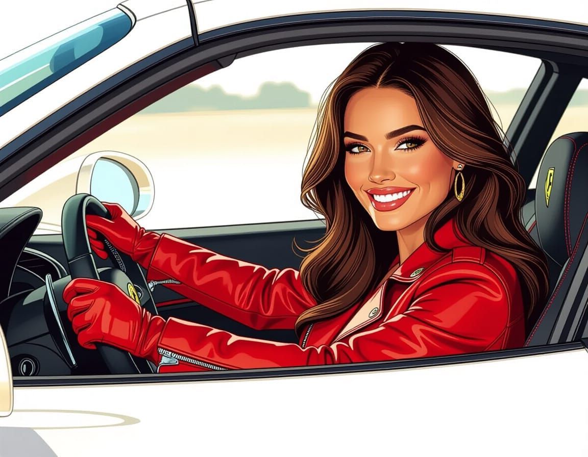 Woman Driver in Ferrari, Detailed Comic Art Style