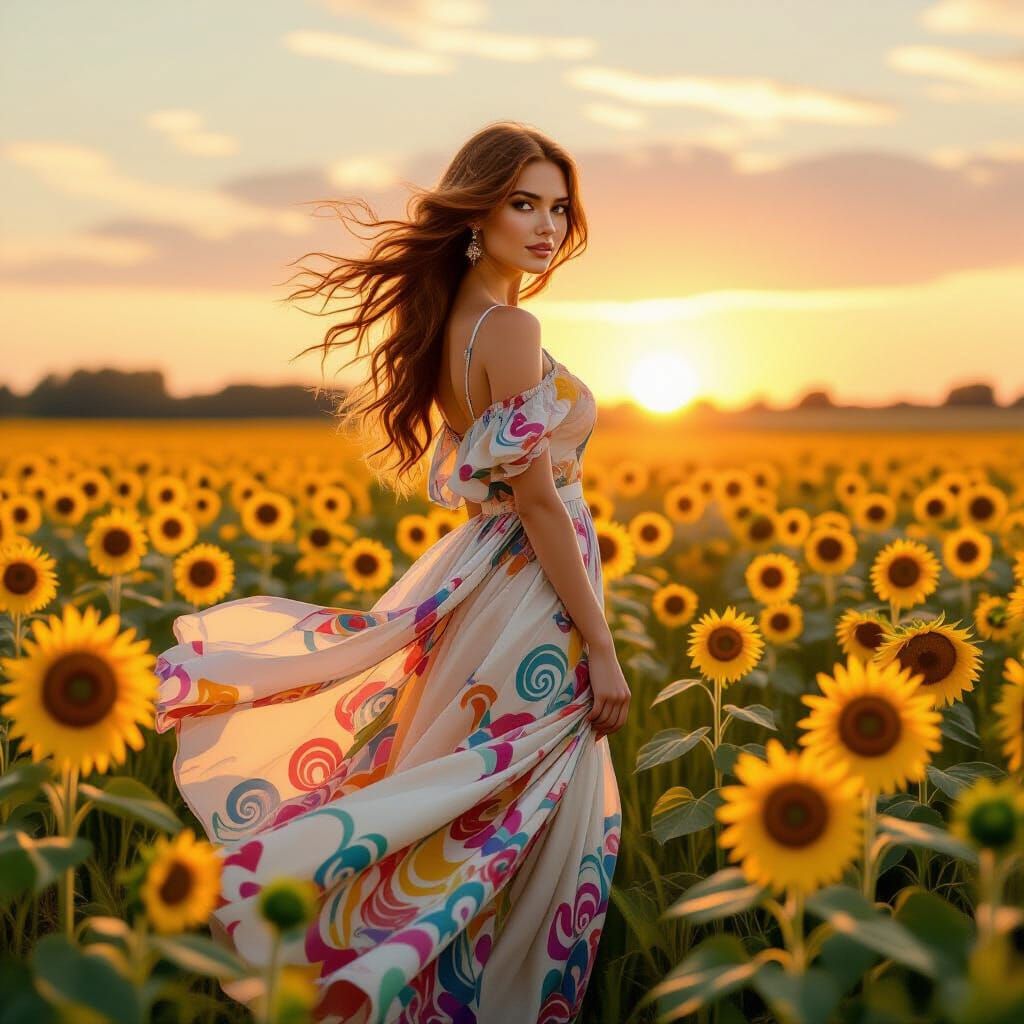 Auburn Haired Woman in Sunflower Field, Impressionistic Styl...
