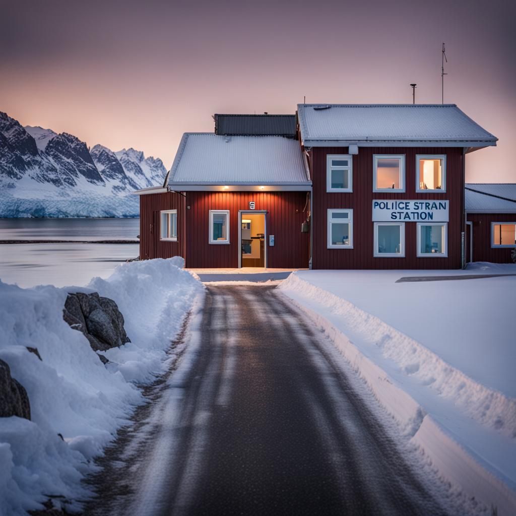 Small Town Police Station in Snowy Norway at Dusk