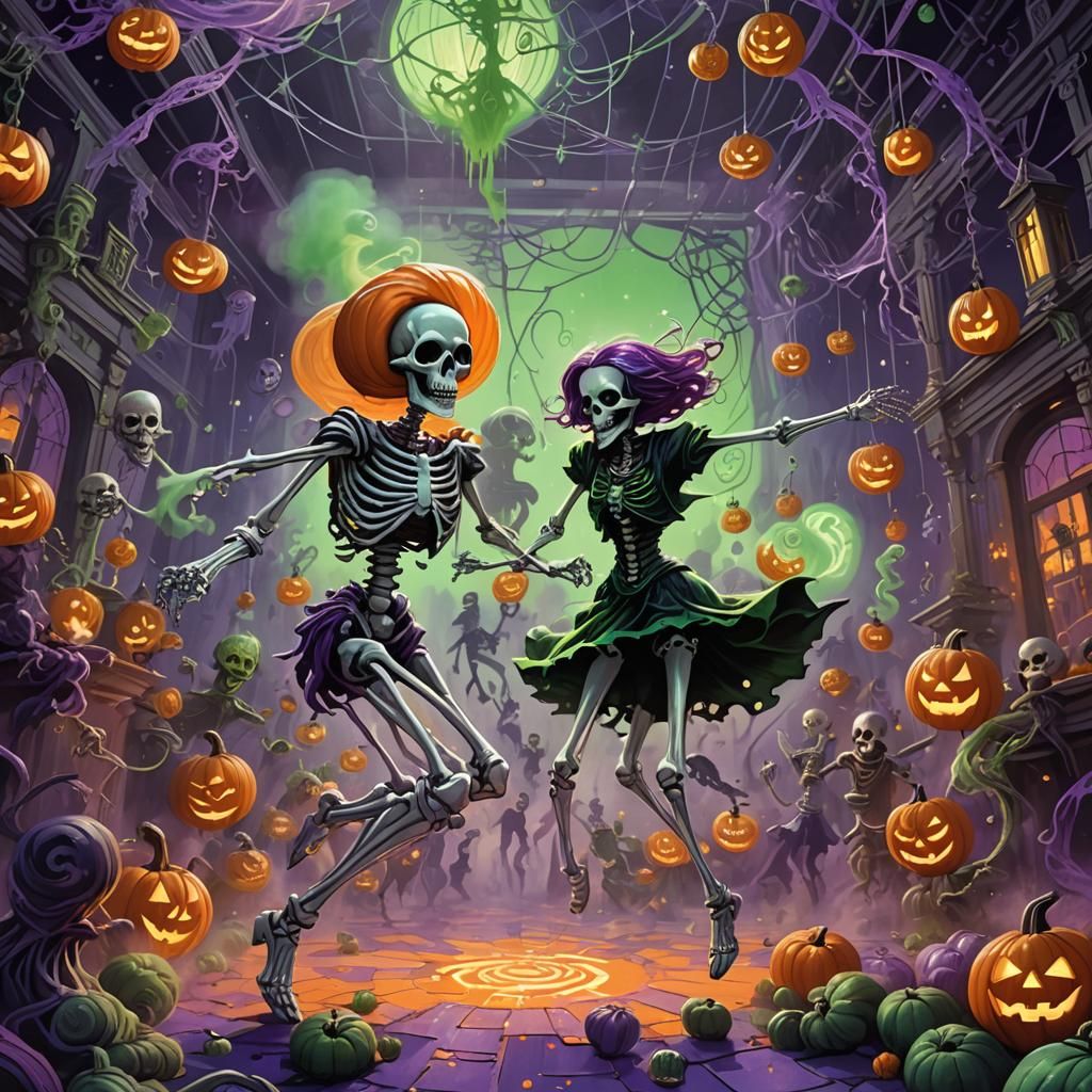 Dancing Skeleton in a Cartoonish Halloween Rave
