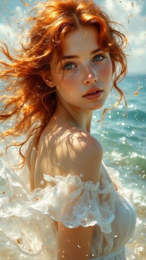 Ethereal Young Woman in Flowing Cape with Expressive Eyes