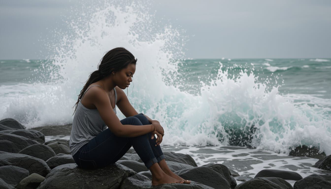 Woman Contemplates Ocean's Power on Rocky Shoreline