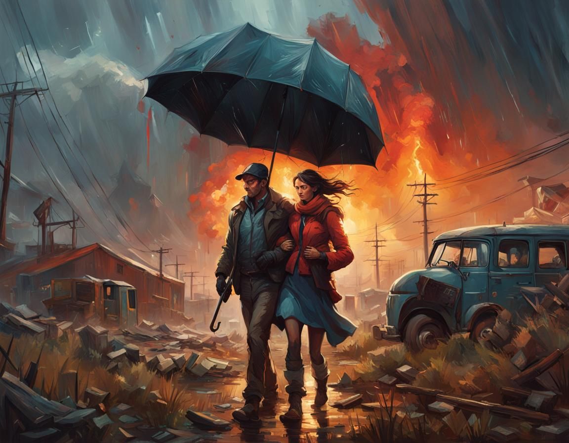 Couple Facing Storm, Photoillustration in Maximalist Style