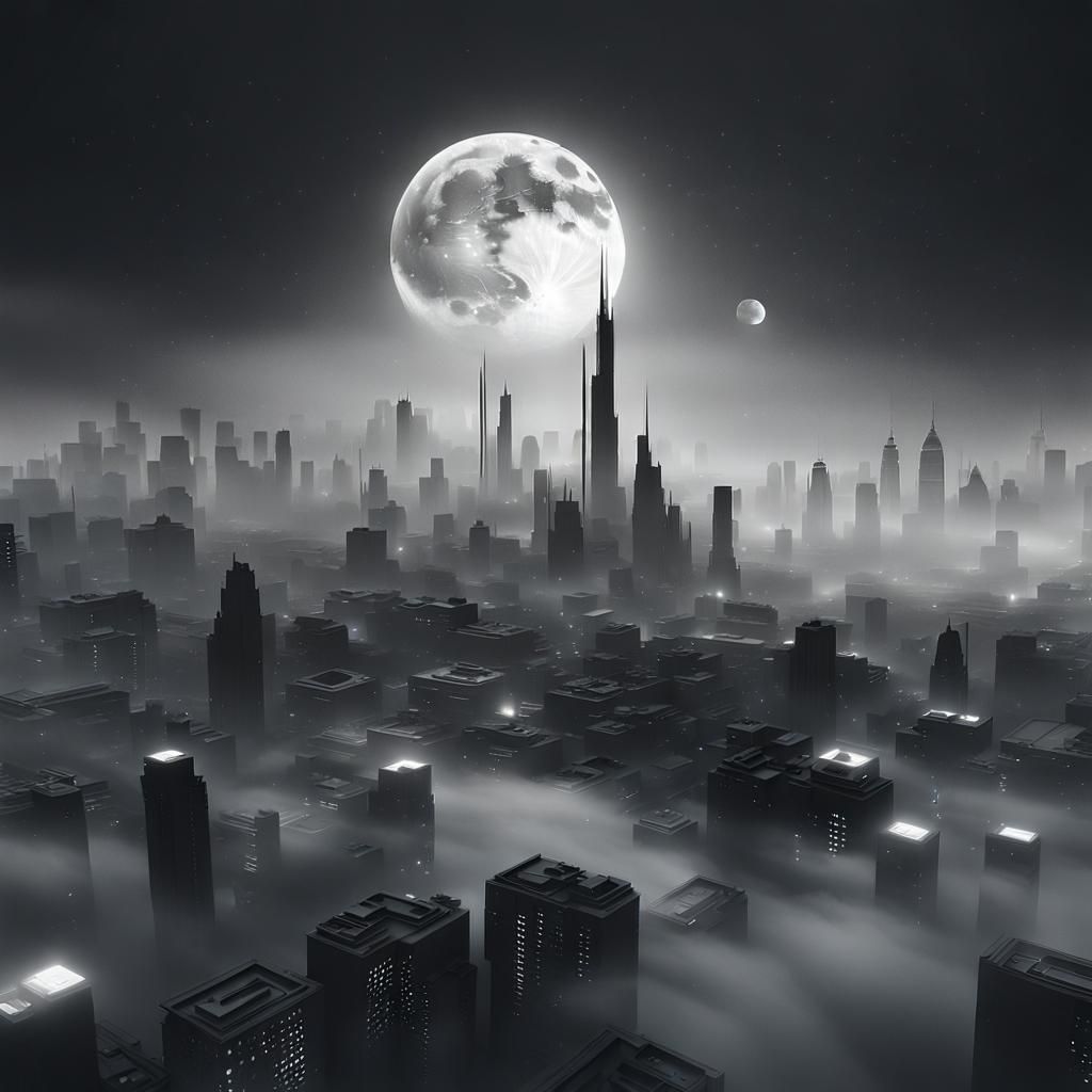 Ethereal Grayscale Futuristic Cityscape Under Moonlight