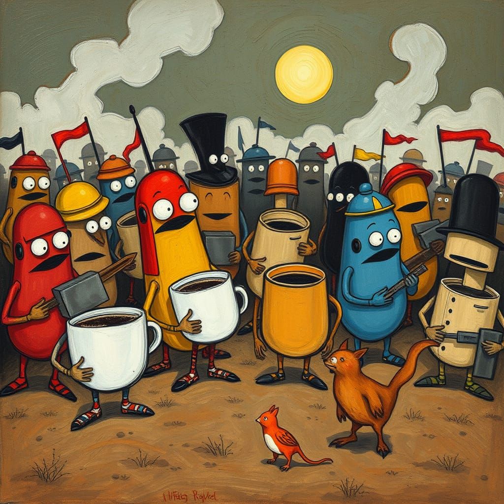 Whimsical Coffee Battalions on a Morning Battlefield