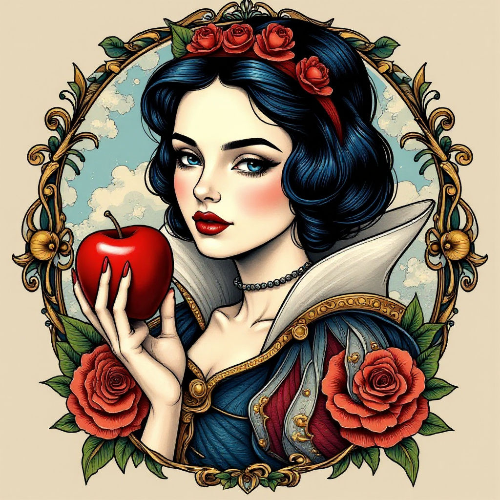 Snow White as Neo-Traditional Tattoo Art with Ornate Details