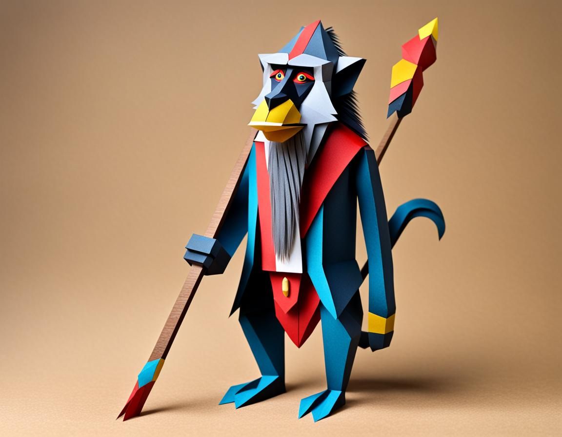 Papercraft Mandrill with Staff: A Wise Old Primate