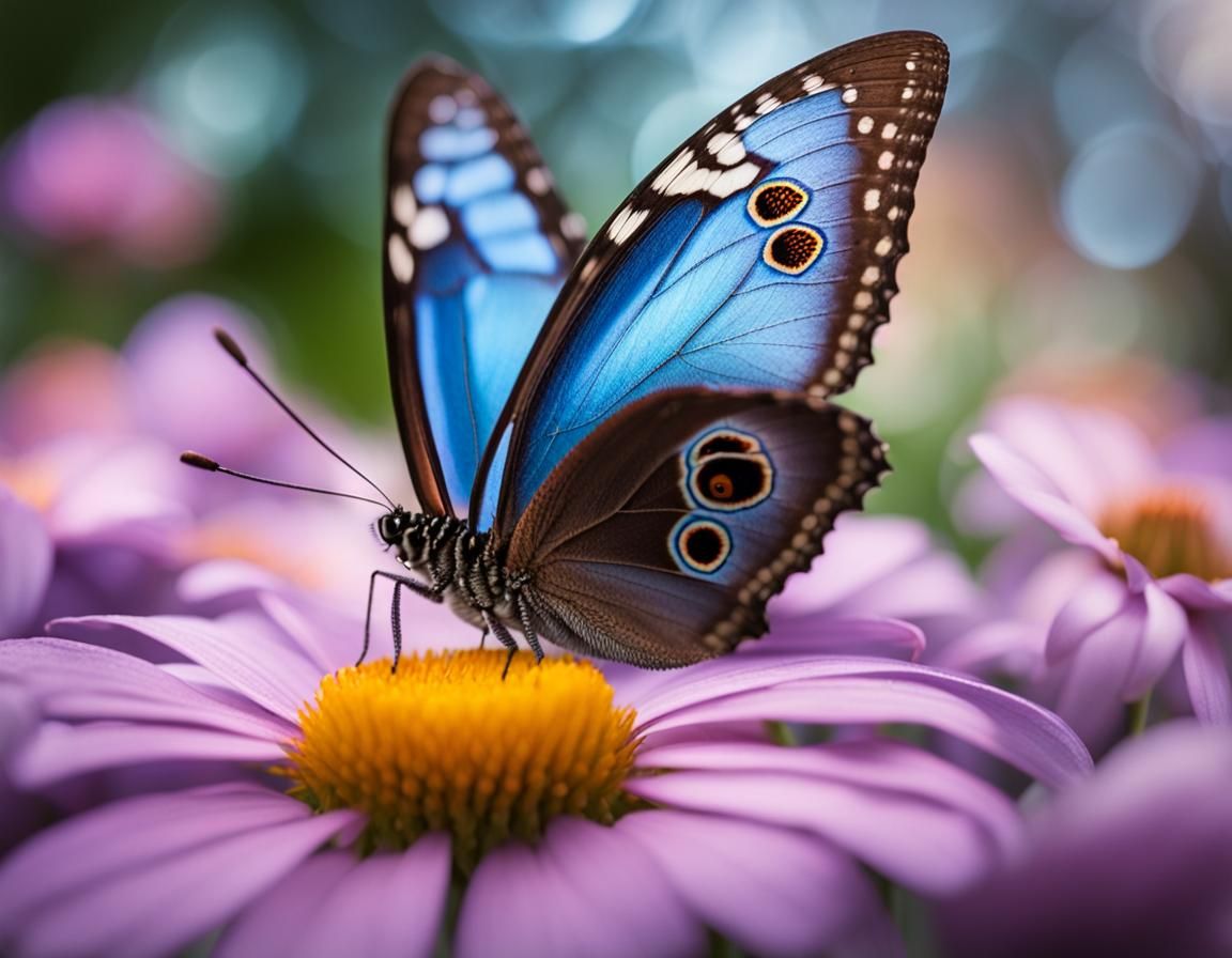 Macro close up photograph of a morpho butterfly on a flower