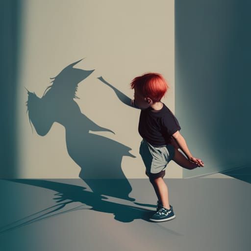 Toddler and Bird Shadow Art, Hyperdetailed Lighting