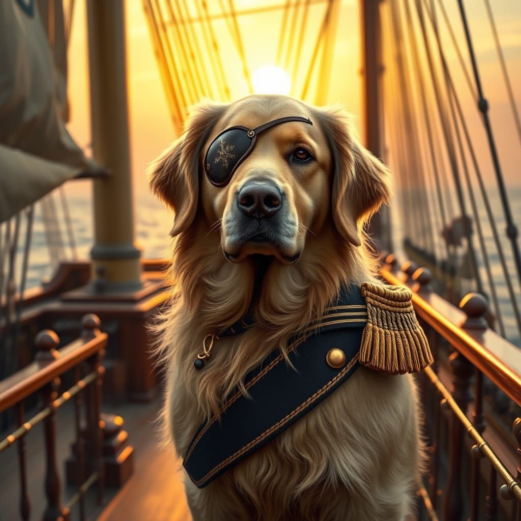 Golden Retriever Captain on Warship, Turner Seascapes Style