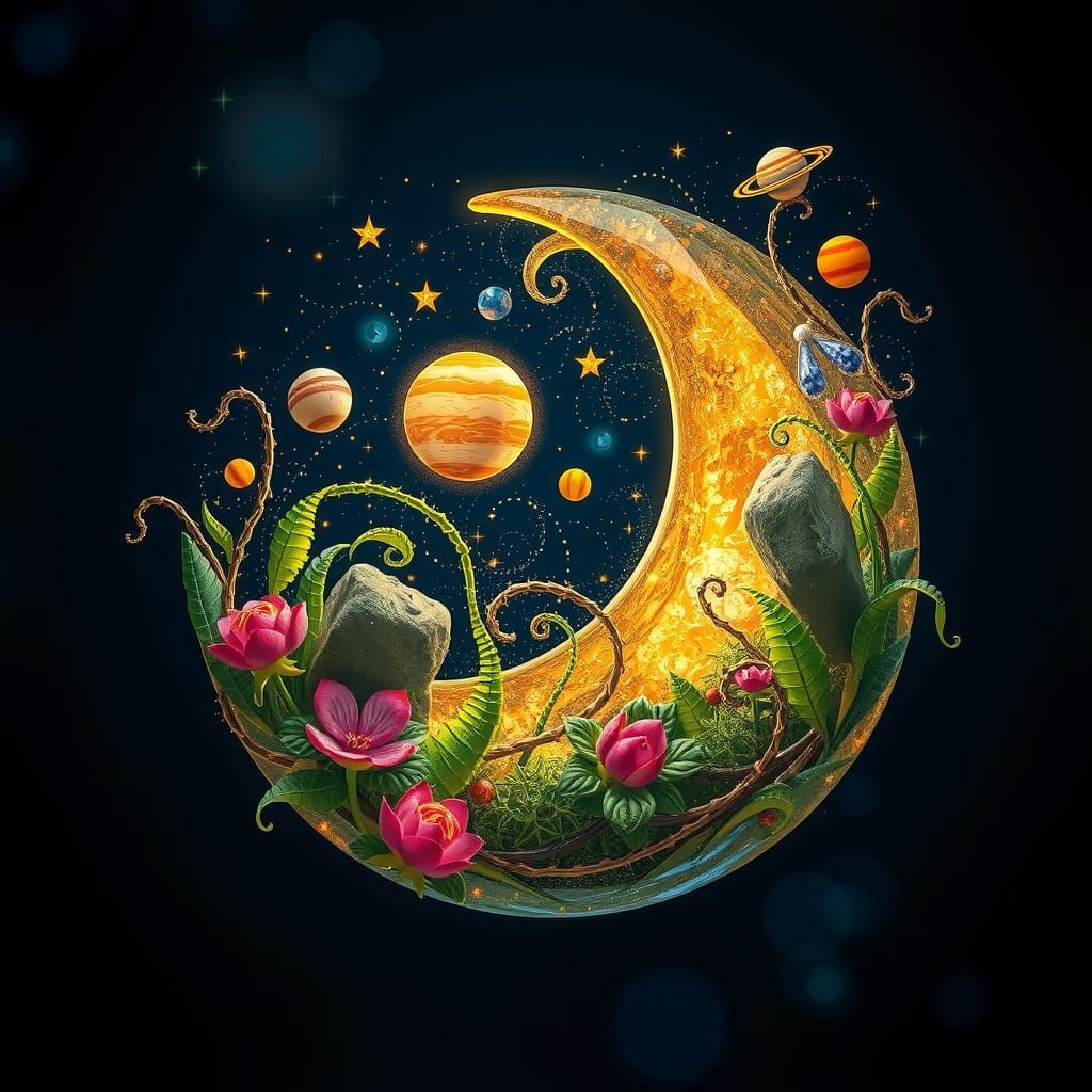 Whimsical Glass Moon with Twinkling Celestial Tapestry