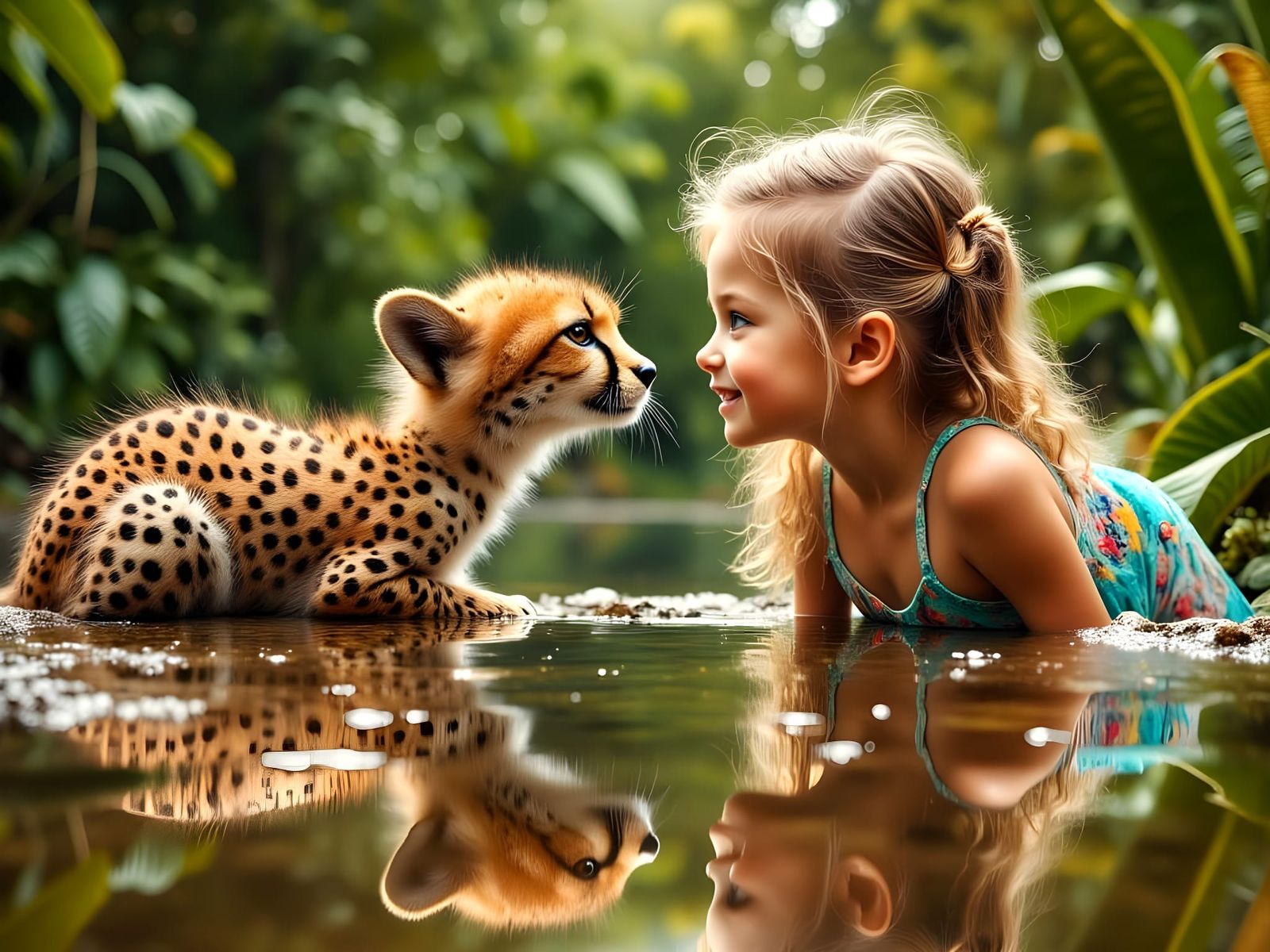 Realistic Young Blonde Girl Meets Cheetah in Enchanting Drea...