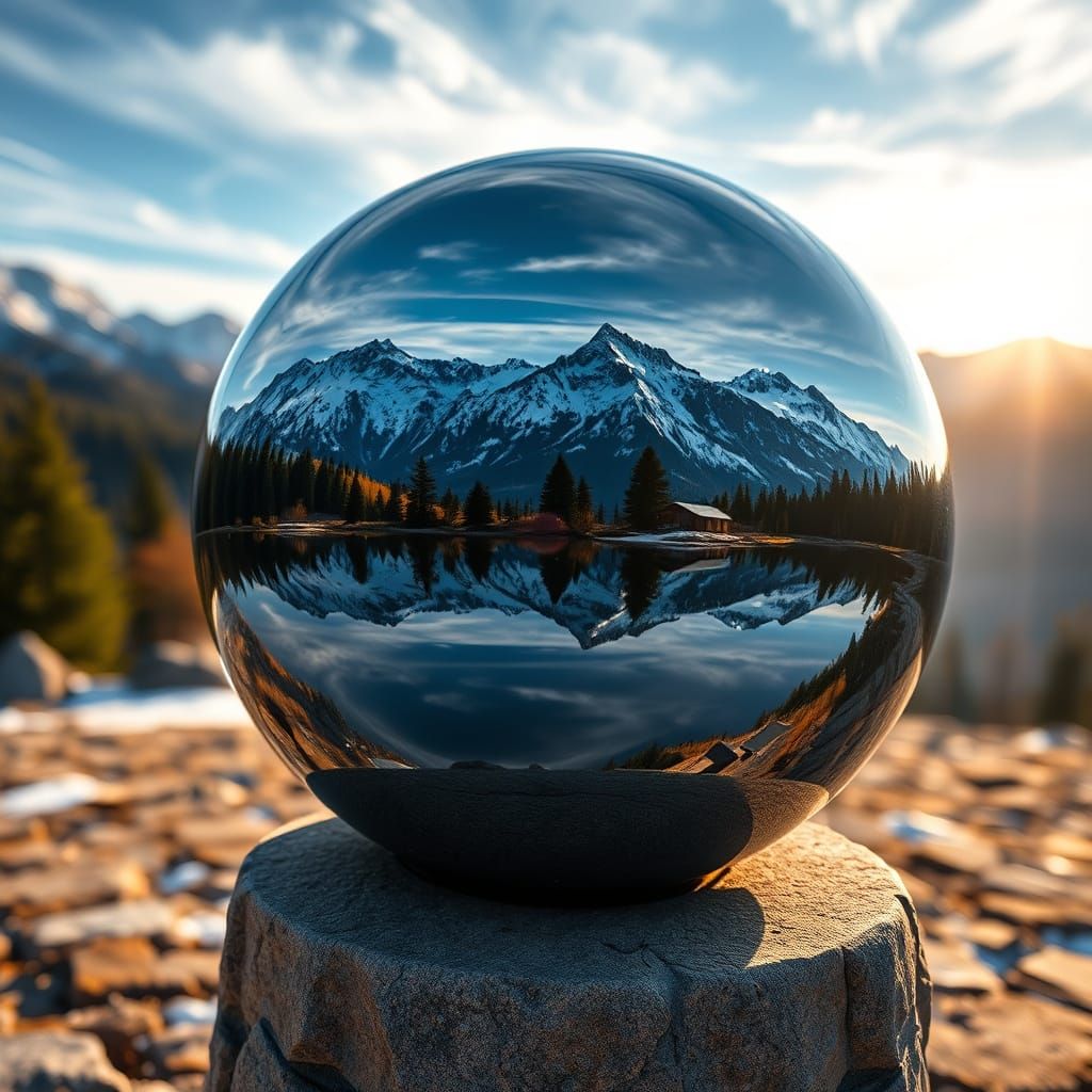 Mountain Landscape Reflected in Chrome Sphere