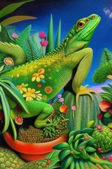 Chameleon and Succulents in Expressionist Oil Painting