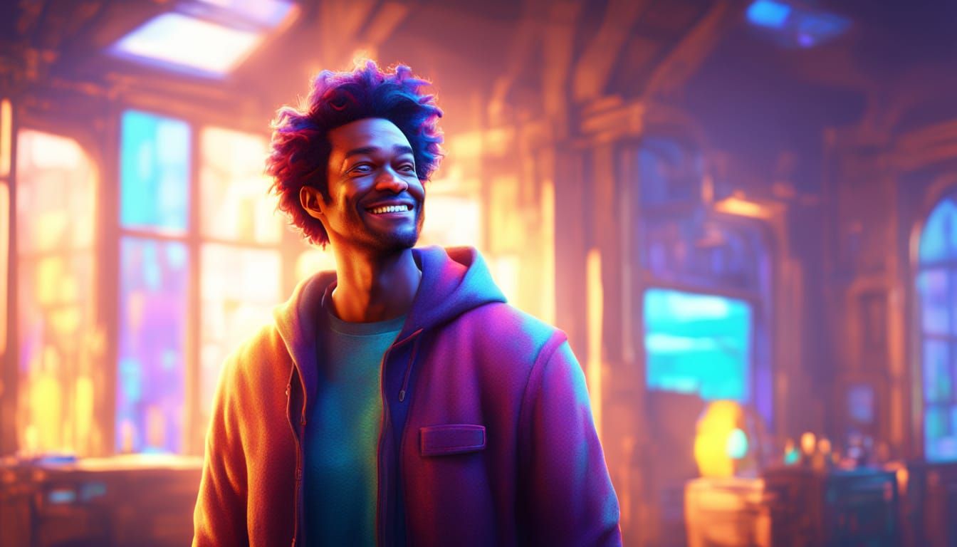 Smiling Person in Bright Room: Pixar Style Digital Art