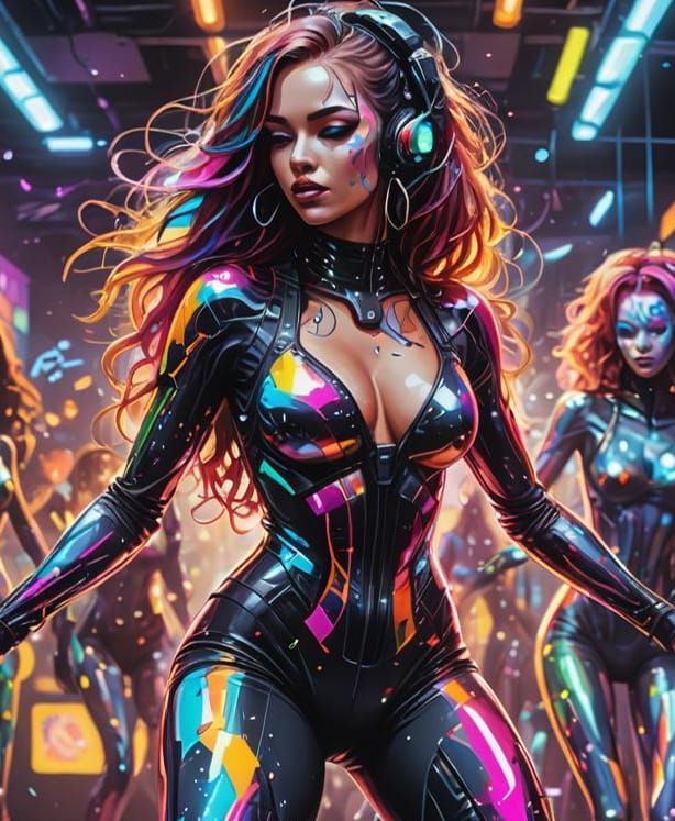 Cyber Girl Dancing in Club with Graffiti Art