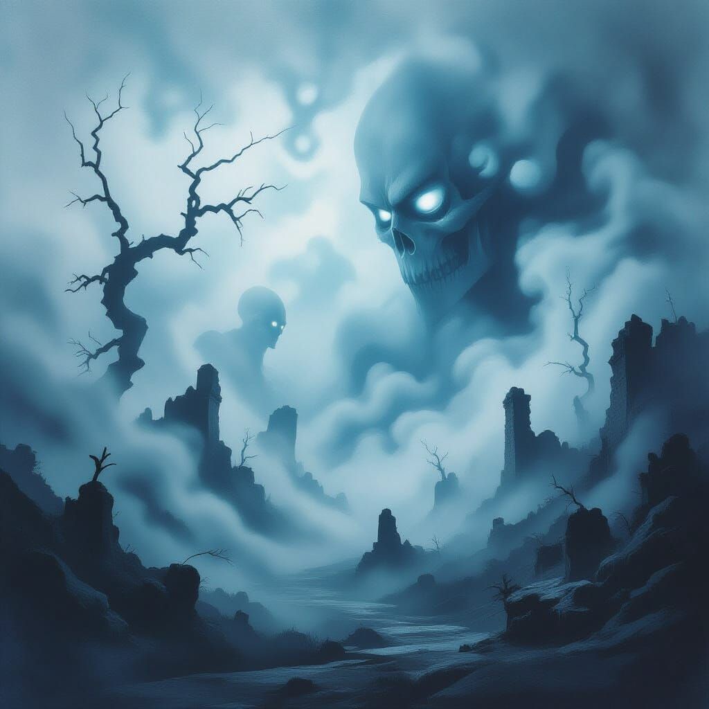 Surreal Fog Landscape with Mythical Forms and Ruins