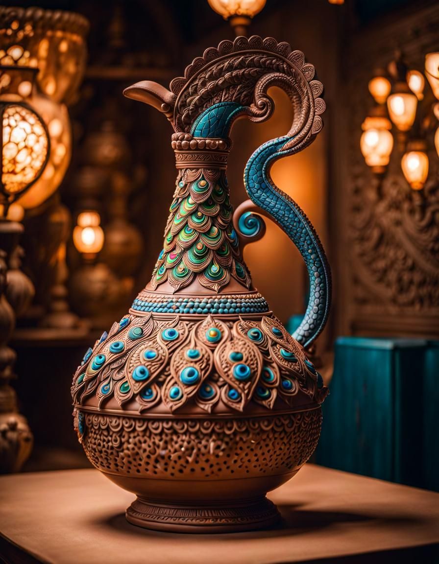 Elaborate Clay Peacock Jug in Art Gallery