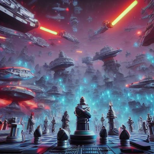 Galactic Chessboard in Neon Hues with Star Wars Characters