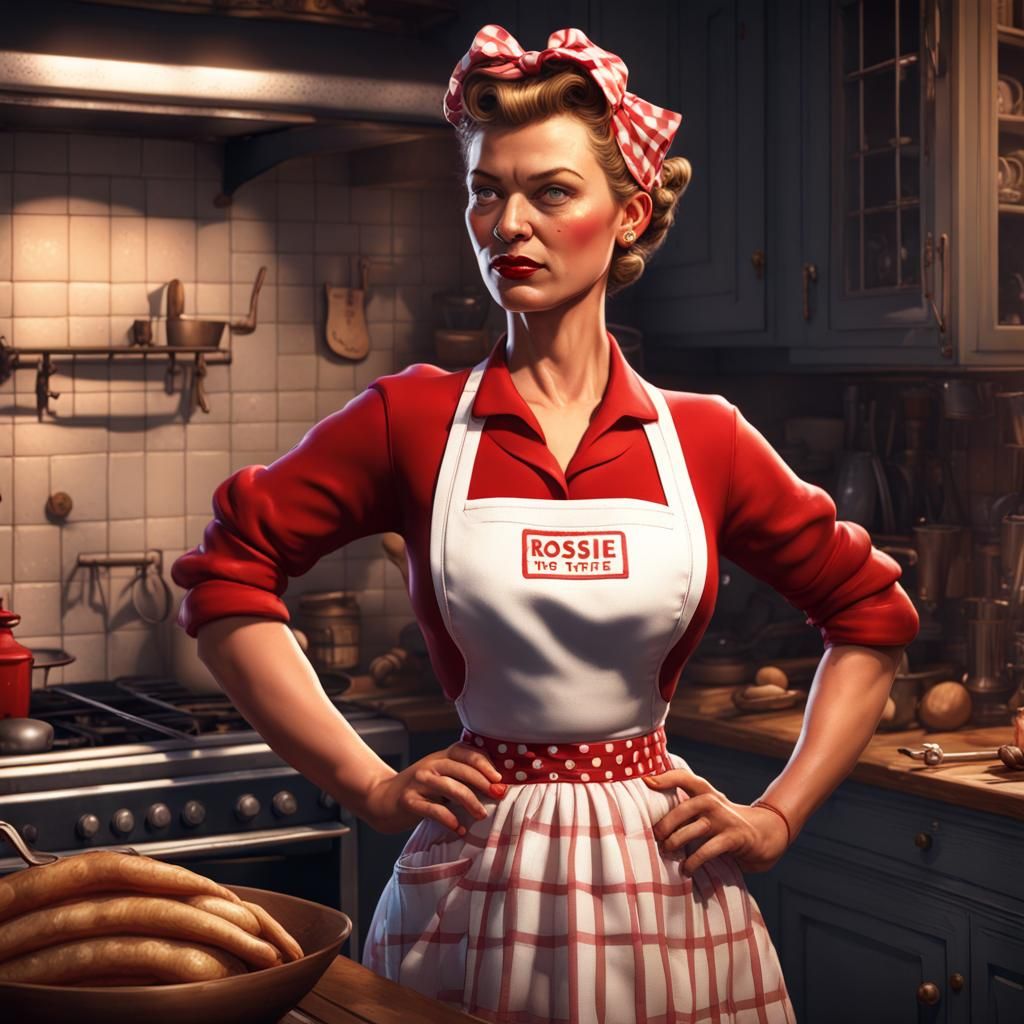 Rosie the Riveter Cooking in 1950s Kitchen