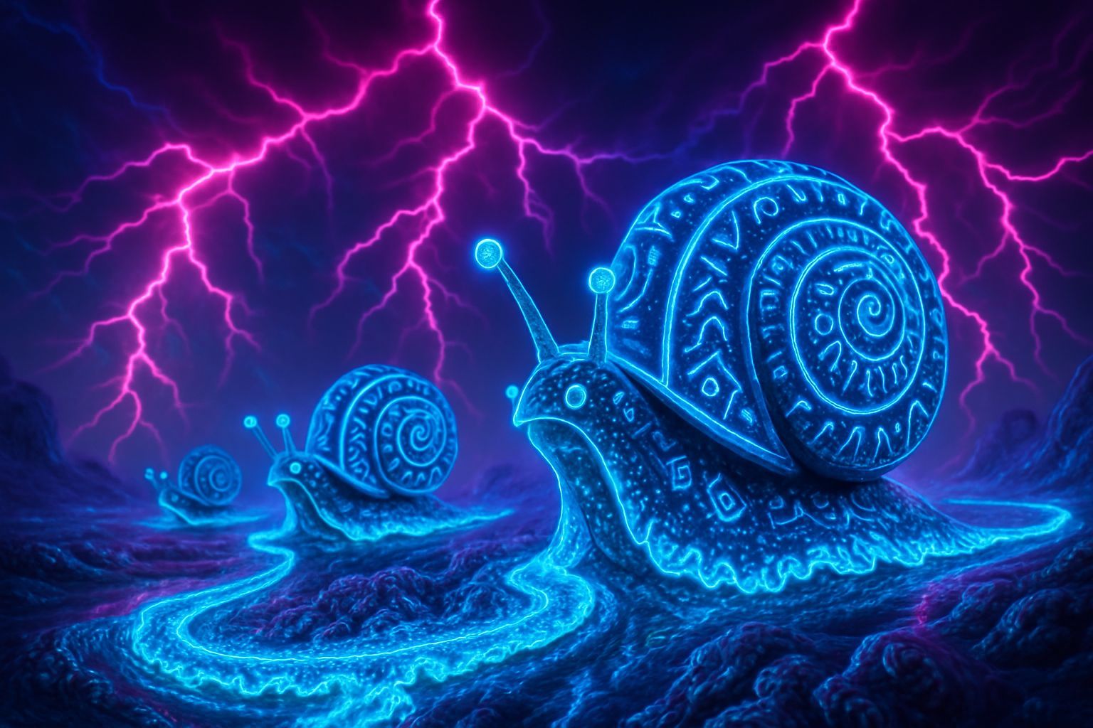 Neon Grey Snailiens in an Enormified Neonstorm