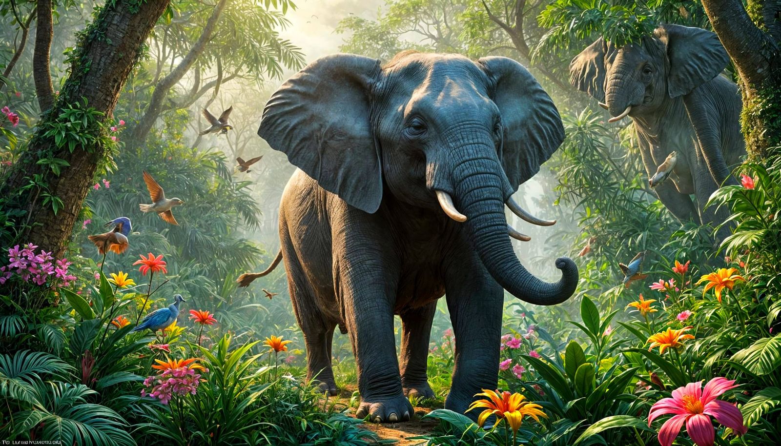 Cheerful Elephant Playing with Birds in Tropical Jungle