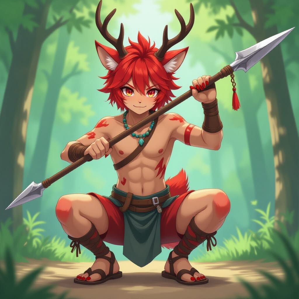 Anime Beastkin Mercury with Spear in Manga Style
