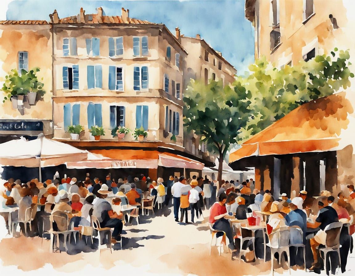 Charming Nimes France Street Scene in Vibrant Gouache