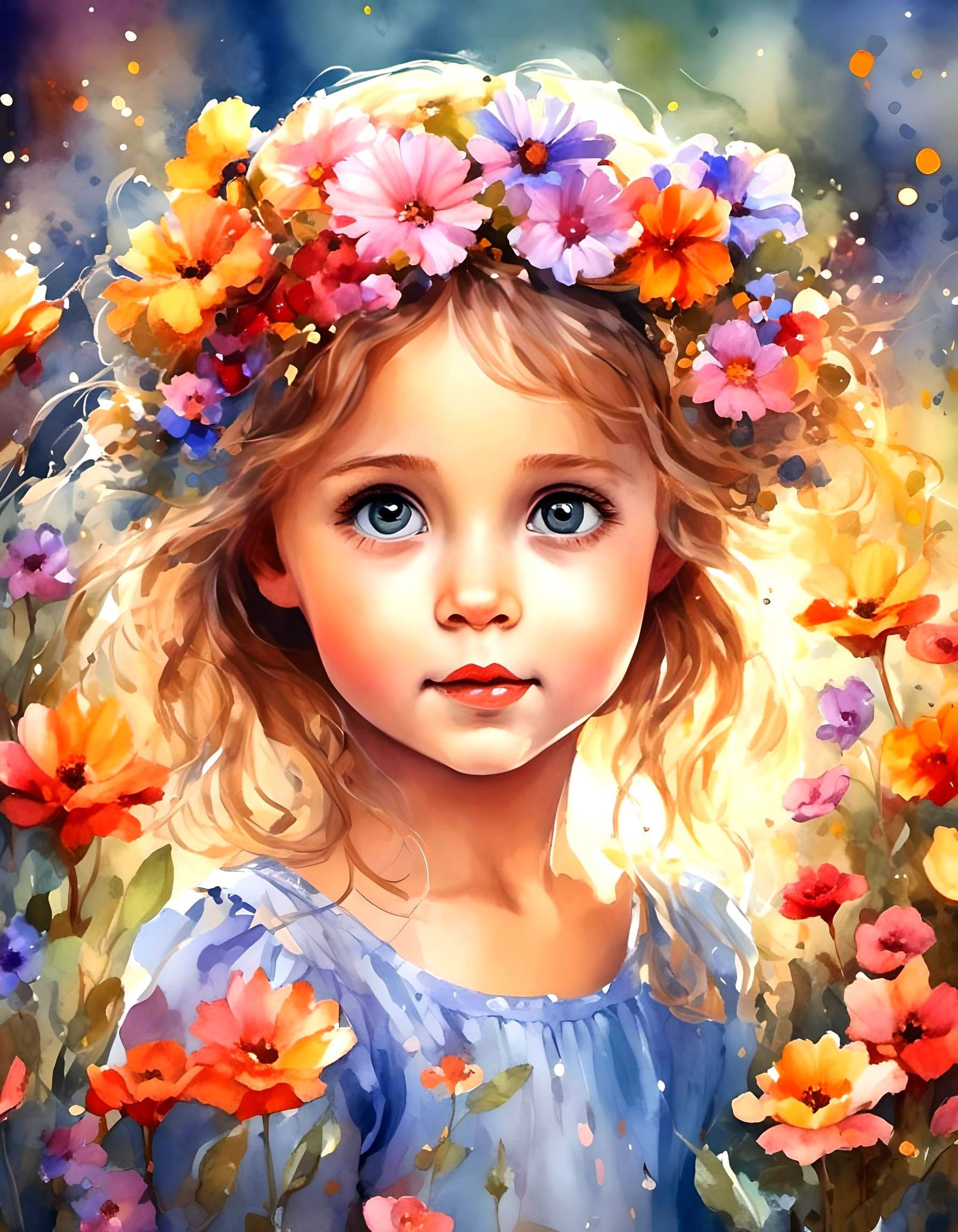 Charming Little Girl with Flowers in Watercolor