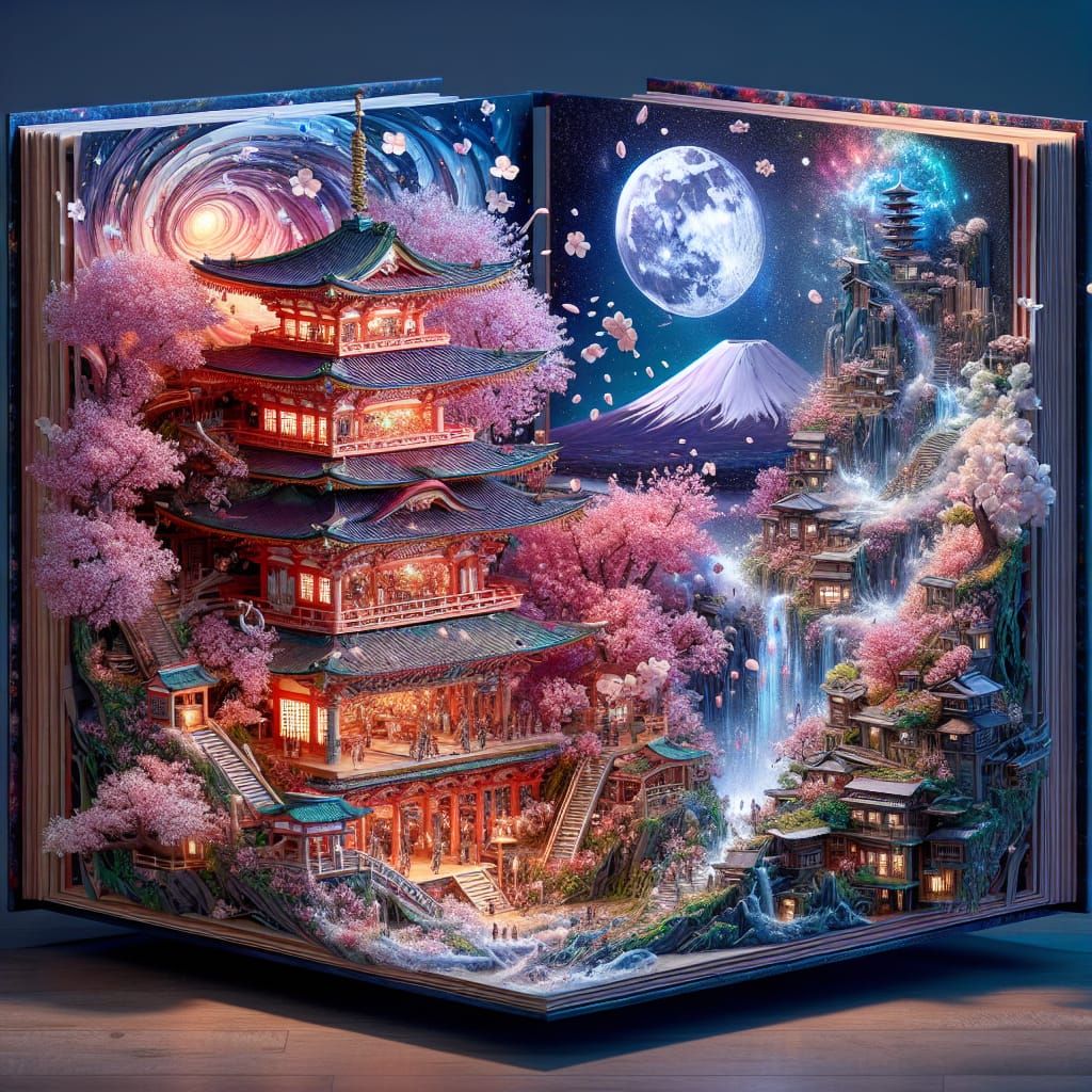 Miniature multilayered 3D vibrant cherry blossom Japanese temple Mt. Fuji coming out a an open book, insane details and ...