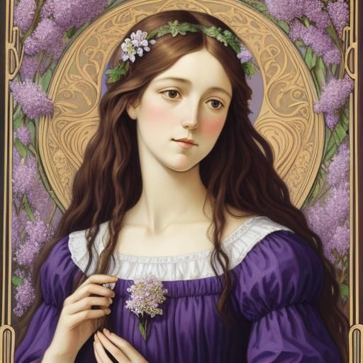 Art Nouveau Portrait of Woman with Lilacs