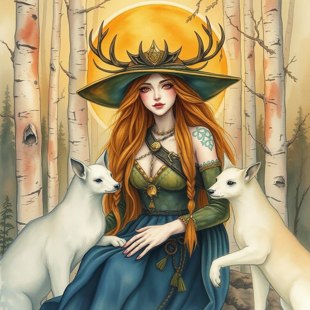 Auspicious Witch in Aspen Woods: Watercolor Painting
