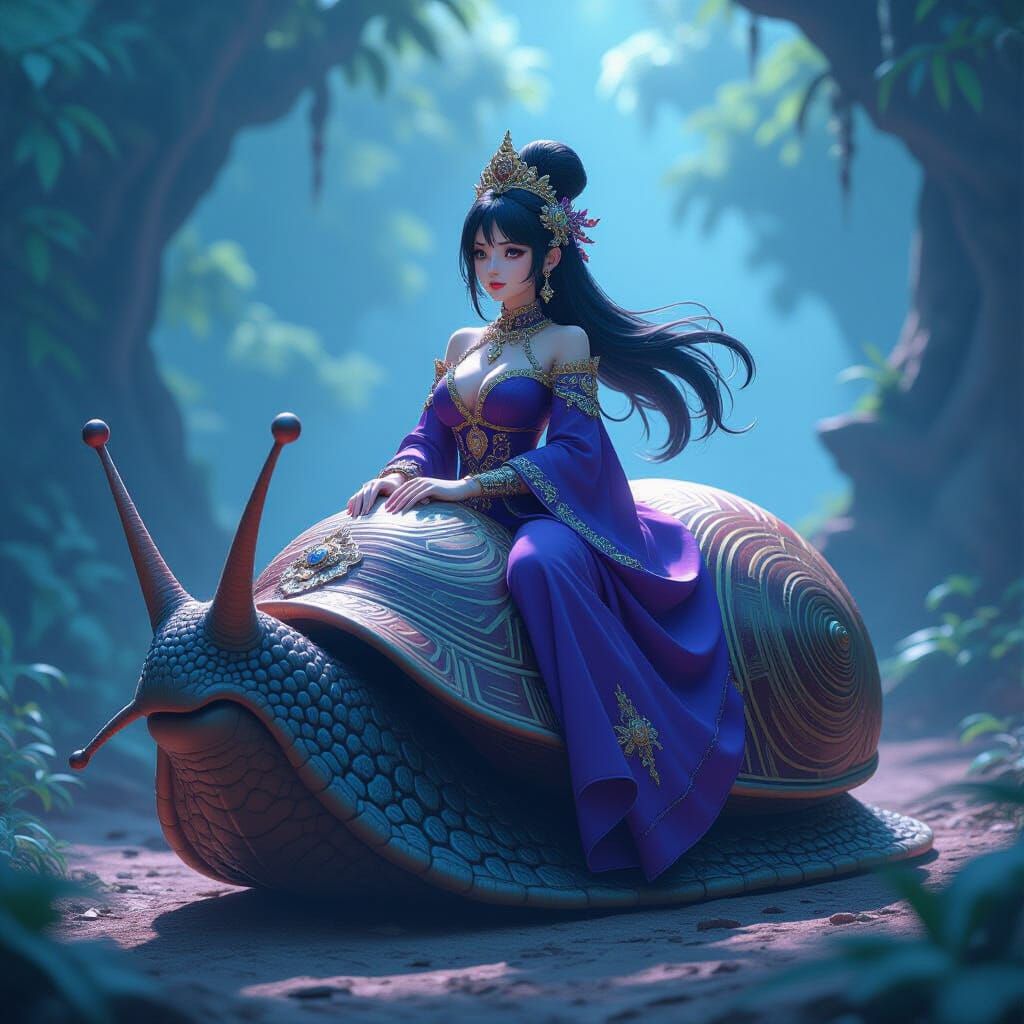 Purple Queen Rides Giant Snail in Anime Art Style