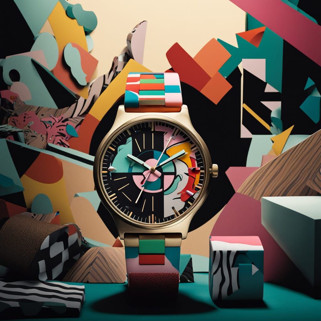 Vibrant Memphis-Inspired Swatch Watch in Bold Geometric Patt...