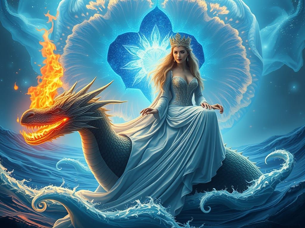 Regal Woman on Dragon in Dreamlike Ocean