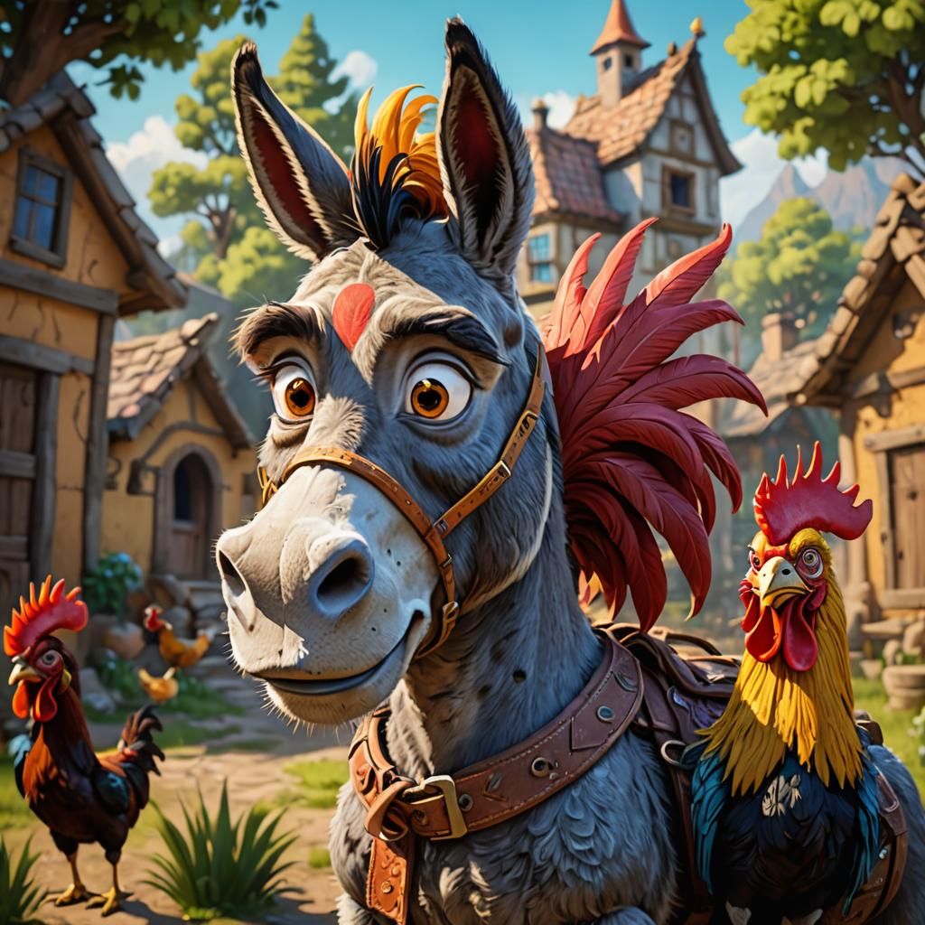 Disney-esque Cartoon Donkey Portrait with Rooster