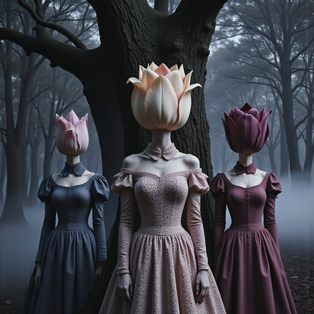 Victorian Women with Tulip Heads in Surreal Forest