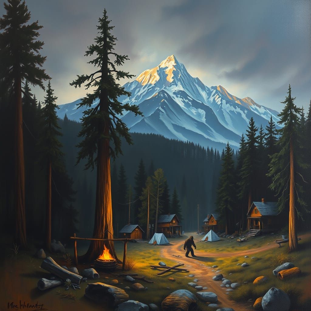 Sasquatch Encampment in Sierra Nevada, Oil Painting