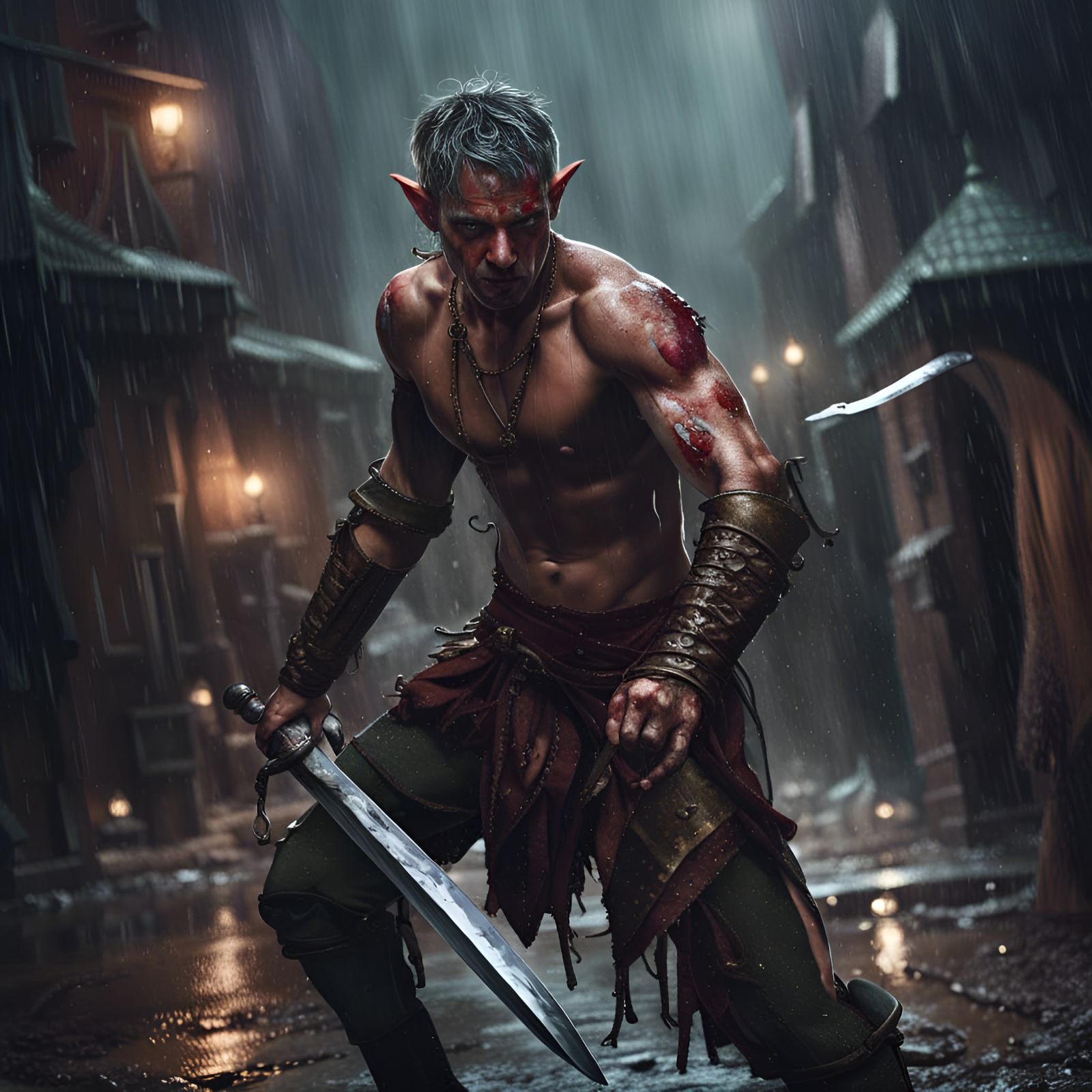 Elf vs Minotaur Fight in Medieval Alley