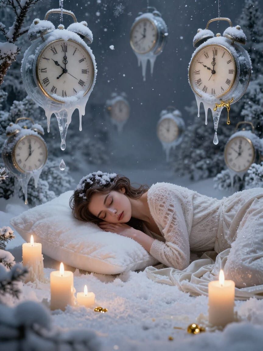 Surreal Christmas Dreamscape with Melting Ice Clocks