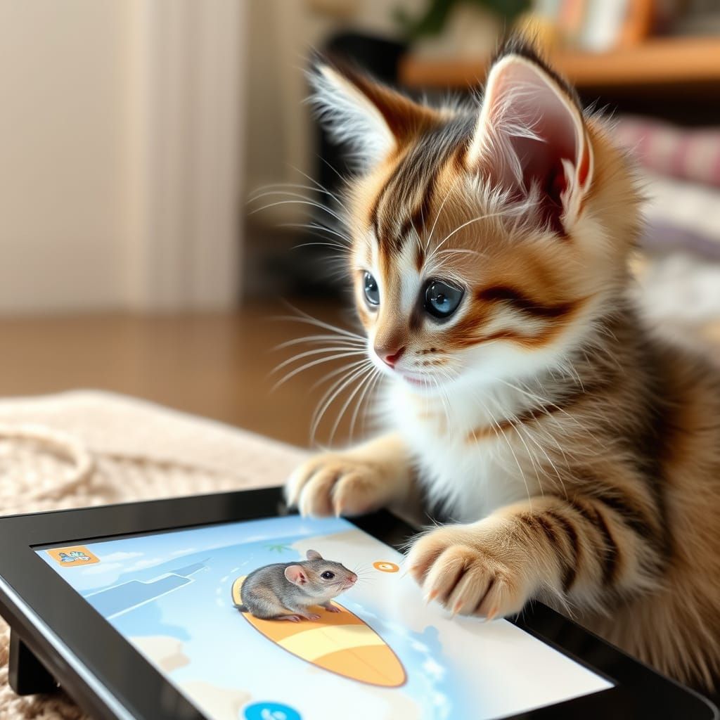 Kitten Enjoys Mouse Game on Surf Tablet