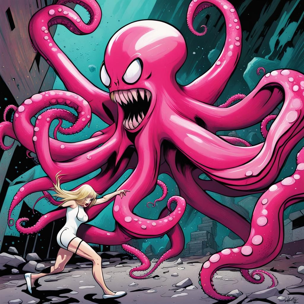 Gwen Stacy and giant octopus fighting
