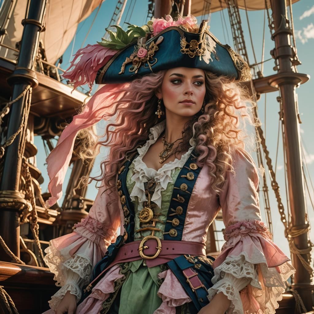 Feminine Rococo Pirate on Ship Deck