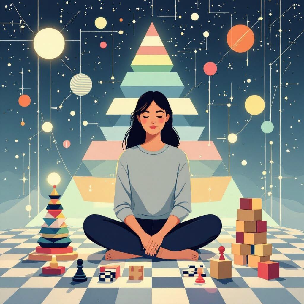 Woman Surrounded by Puzzles in Escher-Inspired Digital Art