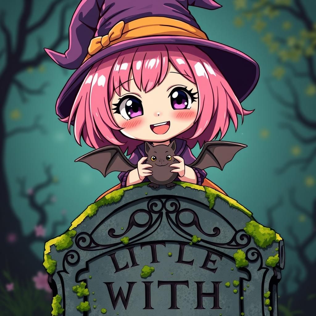 Chibi Witch with Bat in Anime Style