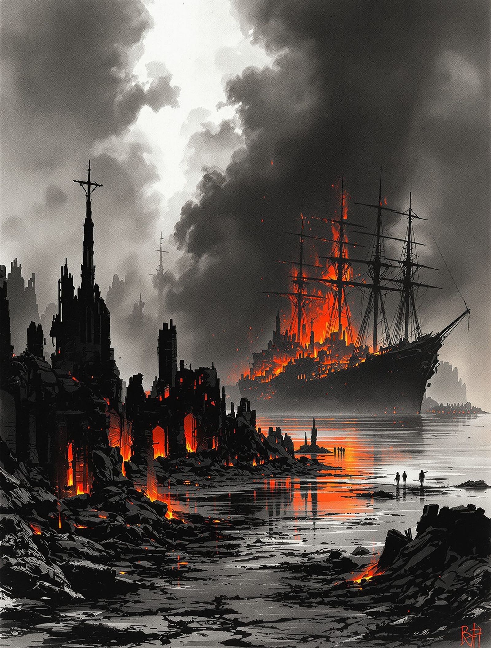 Blackened Ruins of Cities and Ships in Fiery Light