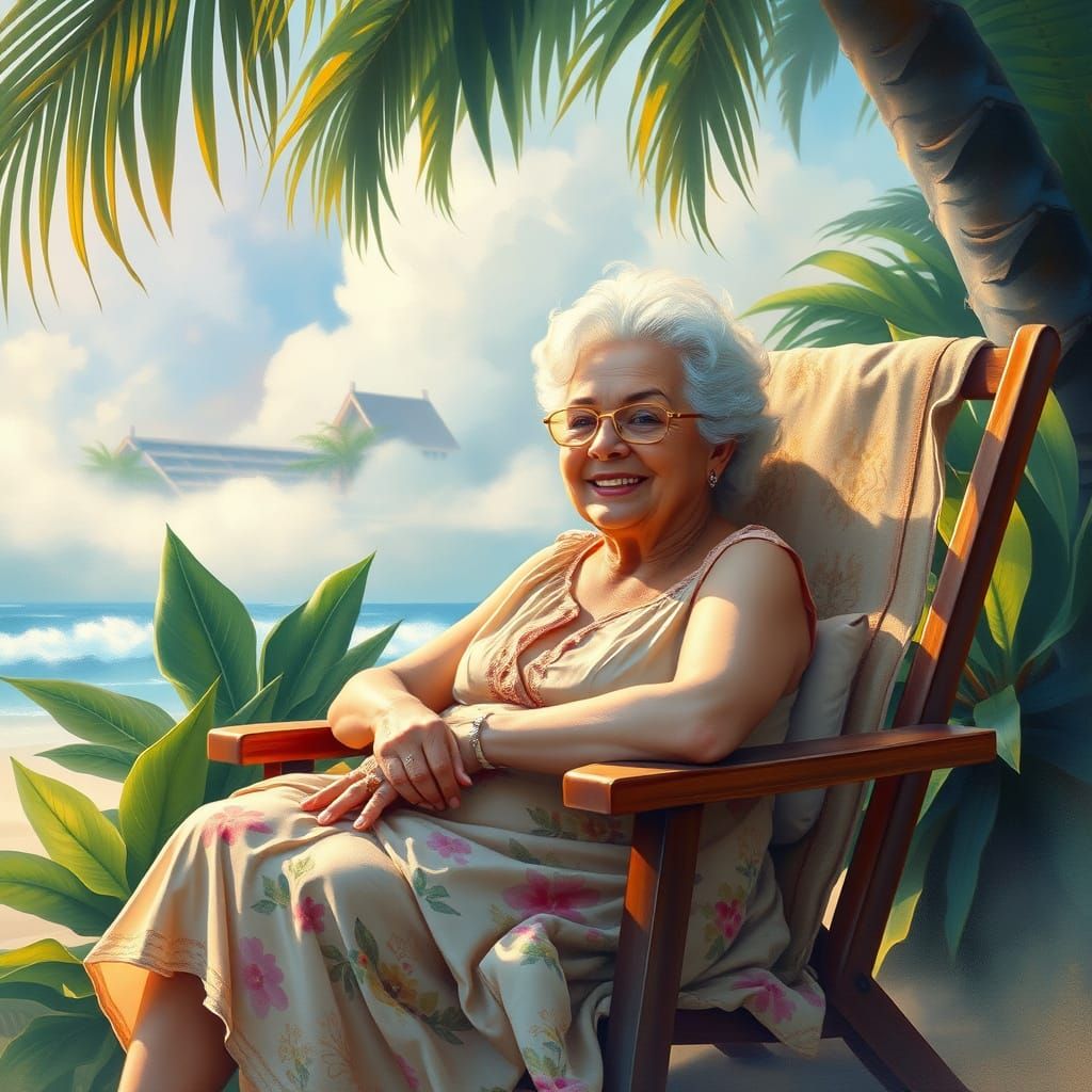 Tropical Beach Scene: Grandmother in Gouache Style