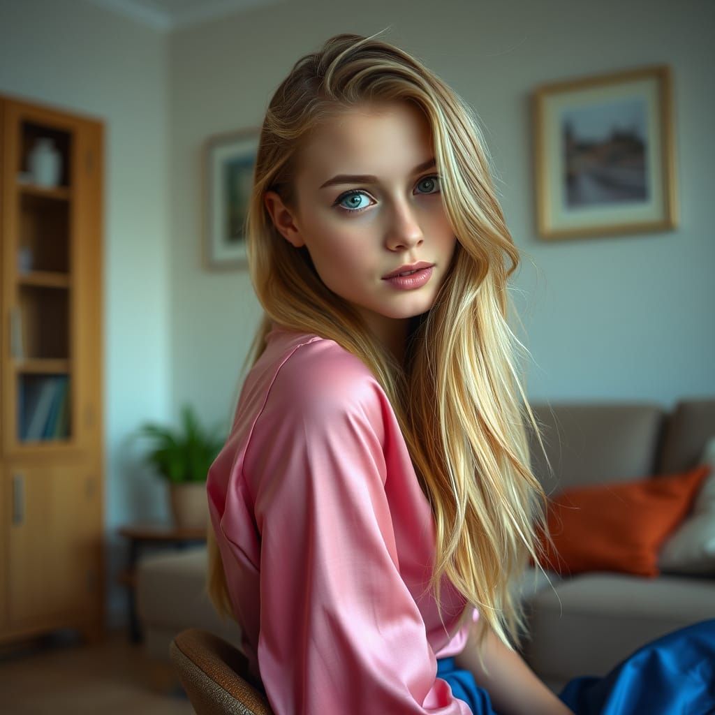 Young Blonde Woman in Pastel Hues, Photo-Realistic Portrait