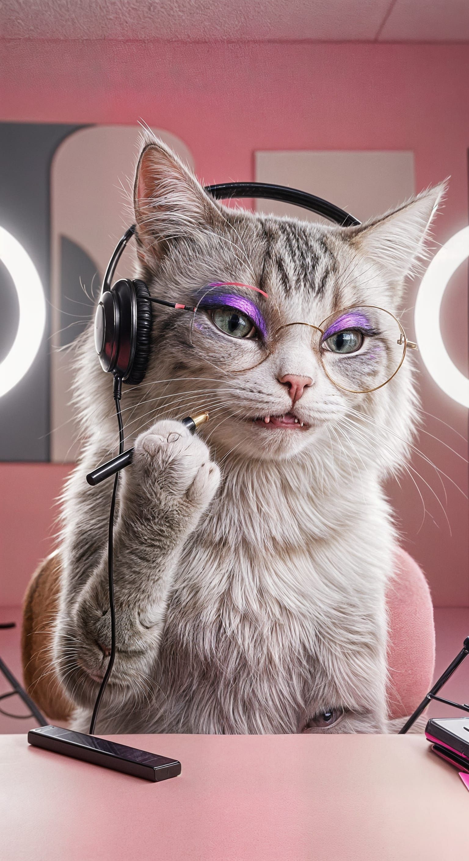 Cat as Gen Z Makeup KOL: Hyper-Detailed Live Broadcast