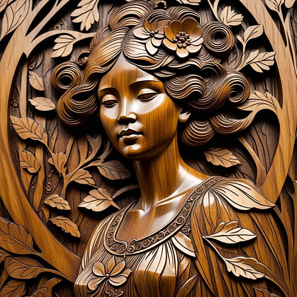 Art Nouveau Woman Etched in Wood Sculpture